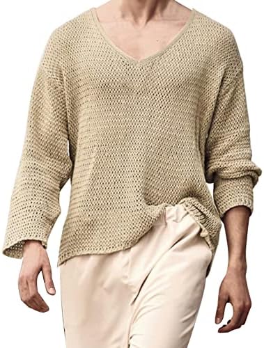 Машки џемпер скокач со долги ракави лабава обична трикотажа на блуза врвови кабелски плетен екипаж врат пулвер џемпер за џемпер