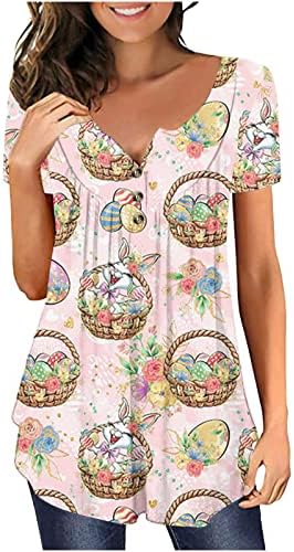 Симпатични јајца за зајаче печатени кошули за велигденски ден за жени кријат стомачни врвови 2023 година пролетни кратки ракави манчиња обична