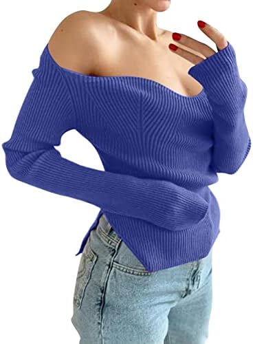 Женски џемпери за есенски и зимски подароци секси пролет и есен надвор од рамото со долг ракав неправилна сплит слаба трикотажа