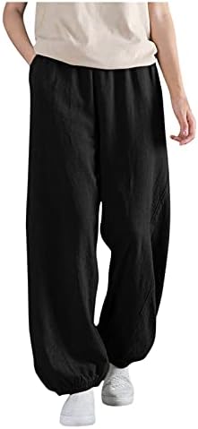 Панталони со постелнина Mmknlrm цветаат памучни жени еластични лабави џебни панталони панталони исечени панталони