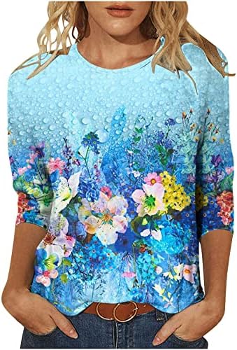 Iuенски летни врвови на IUHAN 3/4 кошула со ракави цветни печатени жени блузи, обични лабави вклопувани модни обични екипаж вратот слатки