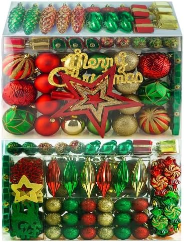 Леид 88 парчиња Божиќни топки украси за Божиќно дрво, деликатна Божиќна декорација БАУБЛИ занаетчиски сет, распрскувани пластични Божиќни