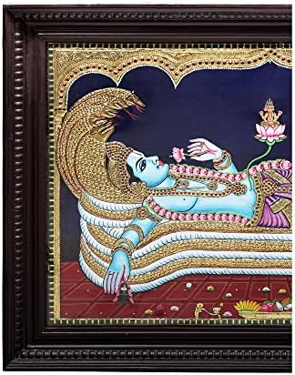 Егзотична Индија 41 x 28 Шеша Шаи Вишну Танџор Сликање | Традиционални бои со 24к злато | Рамка од тиково дрво |