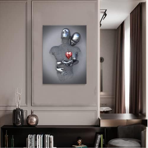 Декор на wallидот во спалната соба, романтична двојка дневна соба платно wallидна уметност, loveубов срце 3Д метална скулптура ефект,