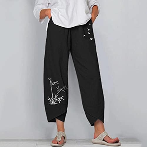 Ајомет летни панталони за жени, женски високи половини летни капри панталони цвеќиња печати панталони со широки нозе со џебови