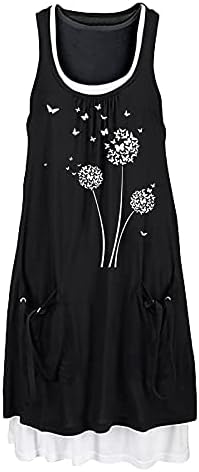 uikmnh женски лажички глуварче од вратот без ракавички резервоарот лето лето резервоар фустан опуштени џебови фустан од туники фустан
