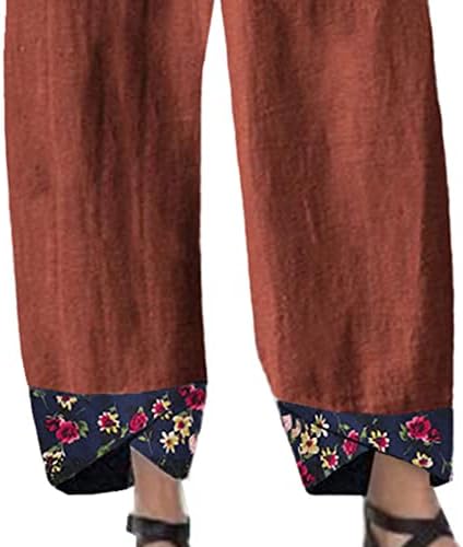Maiyifu-GJ Women'sенски печатени постелнина широки панталони за нозе летни еластични половини плажа Харем панталони лесни исечени
