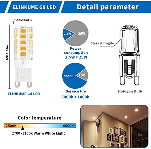 ELINKUME G9 LED Светилки 2.5 W Топла Бела Сијалица Еквивалент 25W Халогени Светилки 210lm G9 Светилки За Заштеда НА Енергија LED