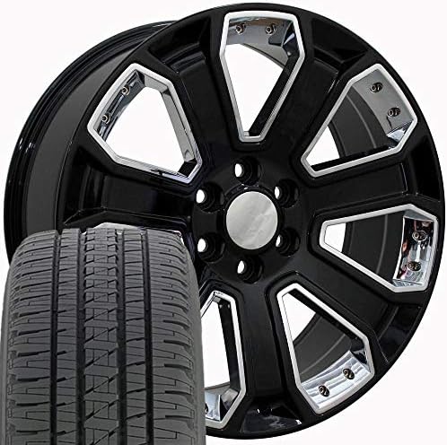 OE Wheels LLC 20 инчи бандажи се вклопува пред 2019 Silverado Sierra Pre-2021 Tahoe Suburban Yukon Escalade CV93 20x8.5 Gloss Black W/Chrome Wheels BDA гуми