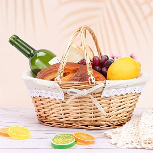 Пријателски корпа за пикник, ткаена природна плетена корпа со двојни рачки и облога за крпа за складирање на овошје со сад за храна
