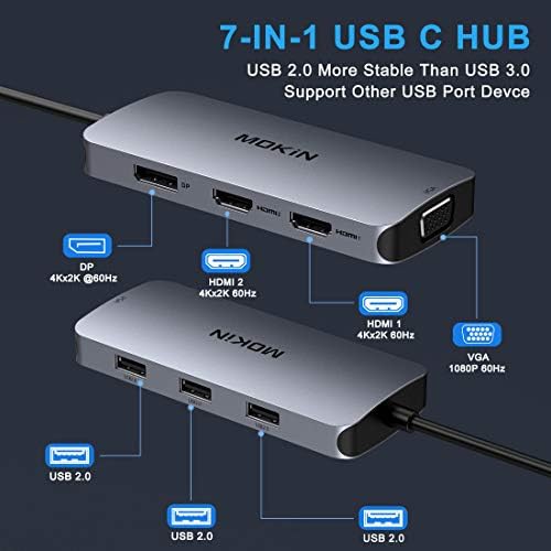 USB C hub, USB C До Двоен HDMI Адаптер, 7 ВО 1 USB C Докинг Станица До Двојна HDMI Центар,USB C Адаптер Со Двојна HDMI, VGA, 3 USB