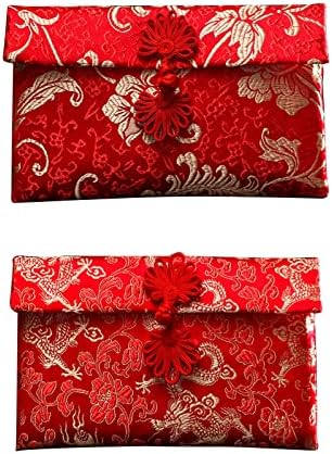 Свила црвени коверти сет од 2 - традиционални кинески пликови за свадбени пари - Дизајн на змеј Феникс - 7,5х4.3in - луксузен свилен материјал