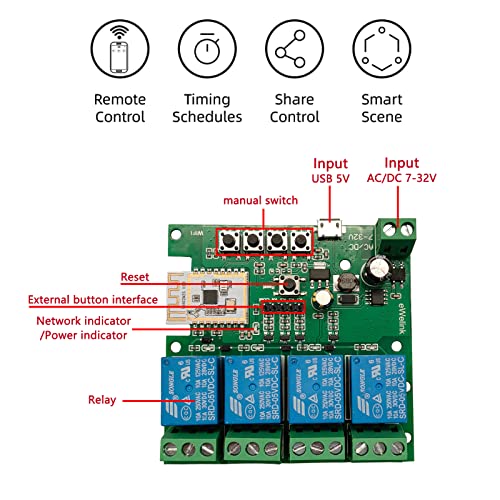 Jane Eyre Ewelink 4 канали безжичен паметен прекинувач USB 5V/AC/DC 7V-32V SMART WIFI-реле-прекинувач модул со случај, спарување со