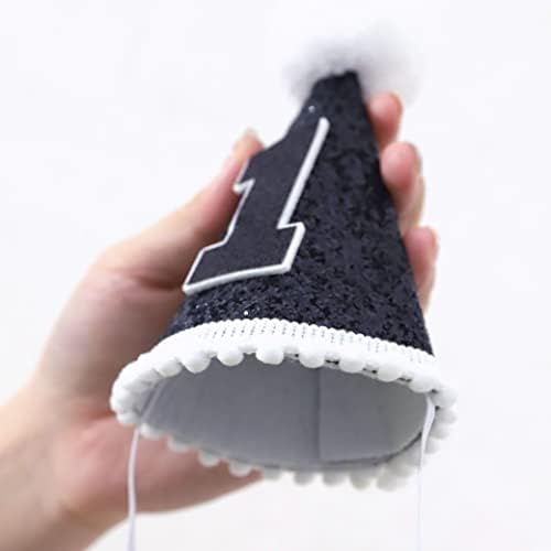 Бебе 1 -та роденденска капа - црна бела конусна капа, први роденденски украси, реквизити за фотографии со торта за торта