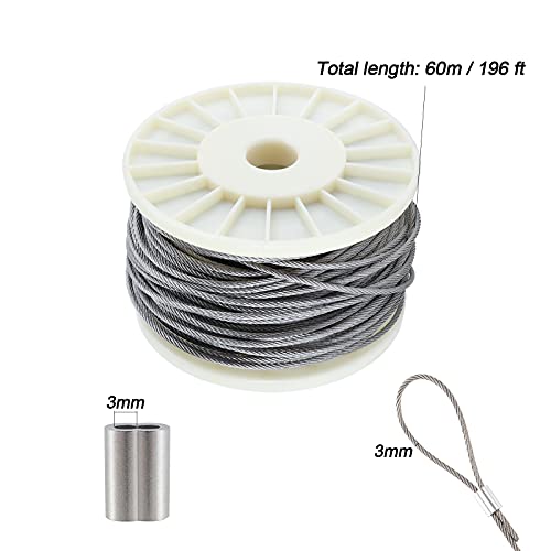 Кабел од жица од не'рѓосувачки челик од 1/8 инчи 200 стапки 316, жица од жица од 3мм x 60м, 7x7 влакно изградба на плетенка кабел
