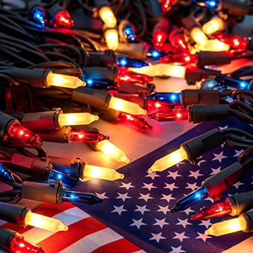 Црвени бели и сини жици на жици со кафеава жица, 66 ft 200 брои UL овластени Божиќни светла, пакет од 2 сетови 33 ft 100 мини светло