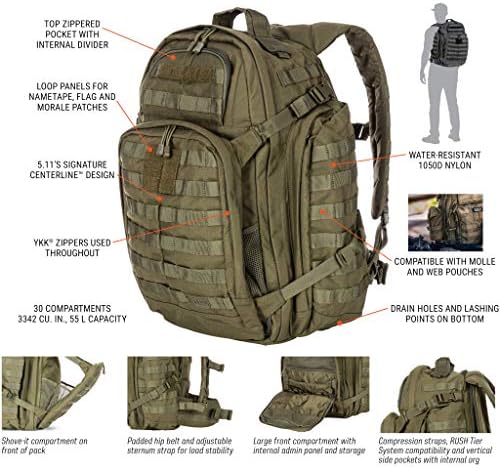 5.11 Тактички Rush72 Воен ранец, пакет за рак на мол торба, голем 55 литарски, стил 58602