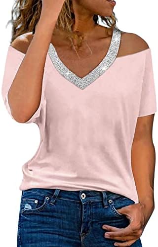 Letterенски летни атлетски врвови за жени против вратот од рамото сјај со цврста боја со кратки ракави маица Топ блуза
