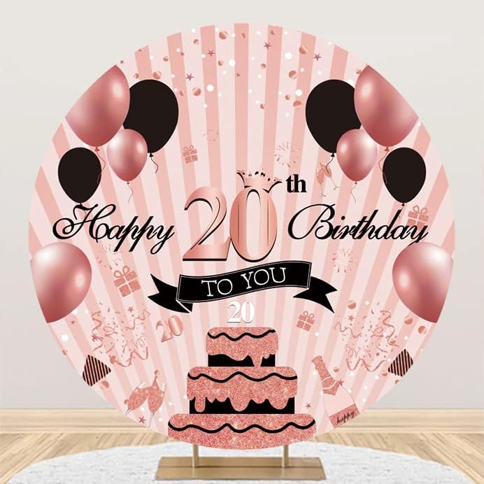 Yeelle 6.5x6.5ft Среќна 20 -та роденденска рунда позадина за девојки роза црни балони конфети торта розови ленти роденденска забава