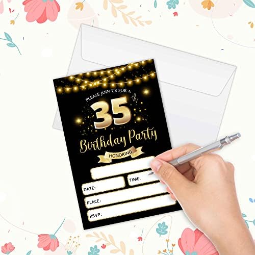 RLCNOT 35 -ти роденденски покани картички со коверти Сет од 20 - Класични покани за роденден на црно злато за тинејџери, возрасни, маж, жена,