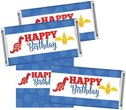 Andaz Press роденденски чоколаден бар забава за фаворизи ги етикетите налепници, црвена сина и жолта забава со диносаурус, 10 пакувања