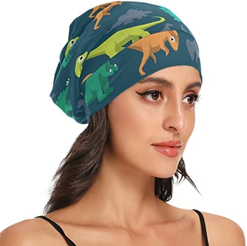 Womenените Beanie Hat Skull Worket Cap, цртан филм боја диносауруси Еластична модерна глава за ноќна ноќ за спиење