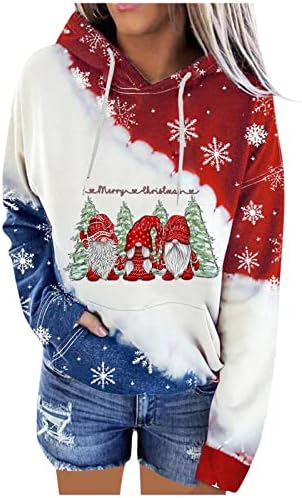Худис за жени, божиќни печатени џемпери со качулка, лабави случајни копчиња за влечење на палење со долг ракав џеб на врвот