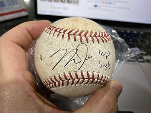 Mike пастрмка потпишана испишана 4-4 mVP единечна -игра користена топка MLB Hologram 2019 -MLB автограмирана игра користена лилјаци