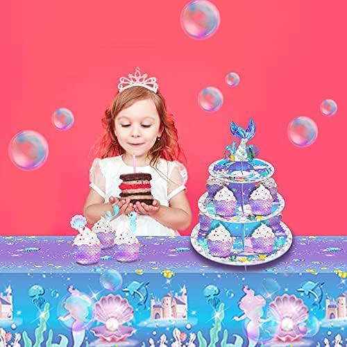 Стенд за торта со сирена, estестар 3 ниво на држач за кекс, стојат мали сирена забава украси сирена забава украси за девојки роденден сирена