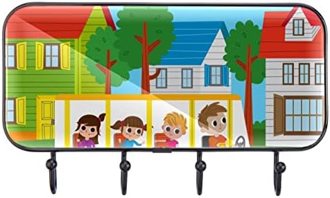 Цртан Филм Деца Училиште Автобус Шема Печатење Палто Решетката Ѕид Монтирање, Влезот Палто Решетката со 4 Кука За Капут Шапка