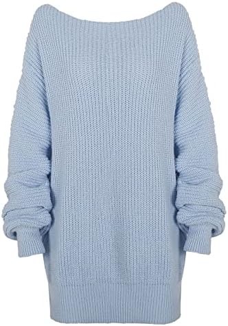 Џемпер фустан за жени секси надвор од рамото кабел плетен џемпер со џемпер цврсти преголеми мини џемпери фустани светло сина