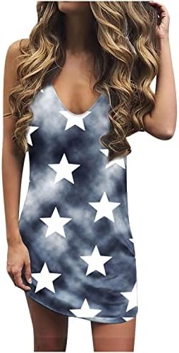 Womenените обични лабави без ракави летен фустан против вратот Американско знаме за печатење на печатење на плажа, мини резервоар за кратки