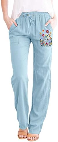Kcjgikpok женски постелнина панталони, цврсти високи половини палацо фустани ленени панталони со џебови разгорени панталони за жени