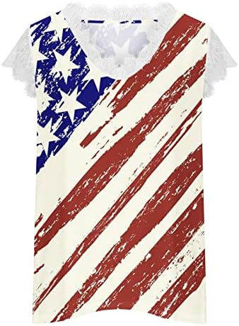 Женски летен резервоар врвови маички за ден на независност Американски знаме Туника чипка V вратот без ракави кошула Обични лабави маички