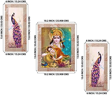 Комплет од Индијара од 3 Рада Кришна со уметничко сликарство во паун без стакло 6 x 13, 10,2 x 13, 6 x 13 инчи