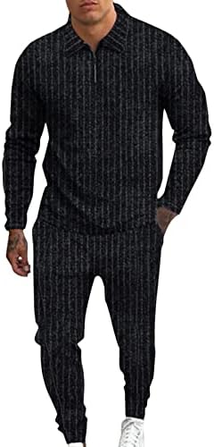 Машка лежерна лента со две парчиња сет патент јака блуза џебни панталони поставени модни пари за пари за мажи црна