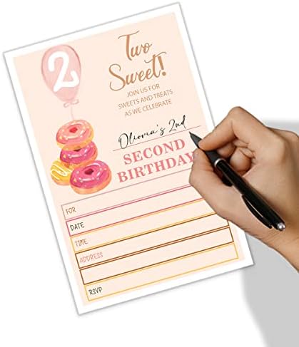 Втор роденденски покани со коверти, роденденска забава за крофни, двострани печатени картички за покани за деца, Прослава за забава за крофни