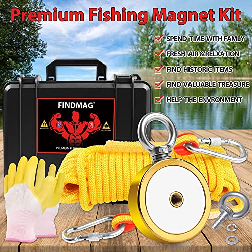 FindMag двострана риболов магнети 1000 фунти влечење сила за риболов магнет комплет со кутија, комплет за риболов со дијаметар од 2,95 Магнет совршен