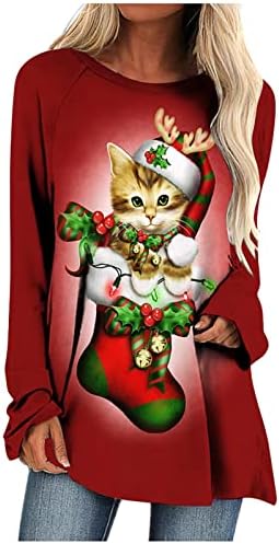 Женски врвови за туника Божиќ, симпатична мачка графичка обична лабава лабава лабава долга ракав, тркалезен пулвер, џемпер, маичка