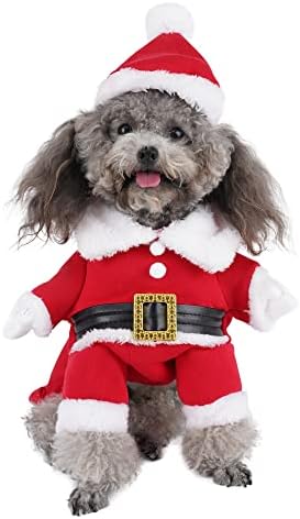Могоко куче мачка Божиќ Дедо Мраз костум, смешни облеки за миленичиња со капаче, кутре руно топла облека за облека за Божиќ