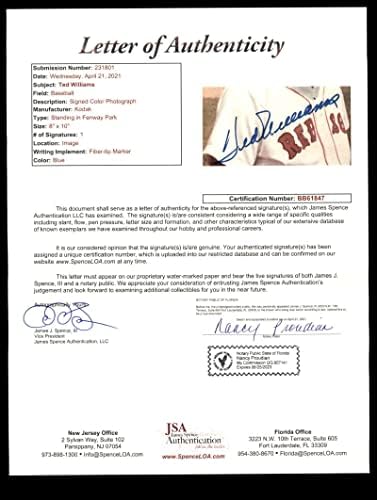Тед Вилијамс ЈСА Коа потпиша 8x10 Фото -црвен сокс автограм