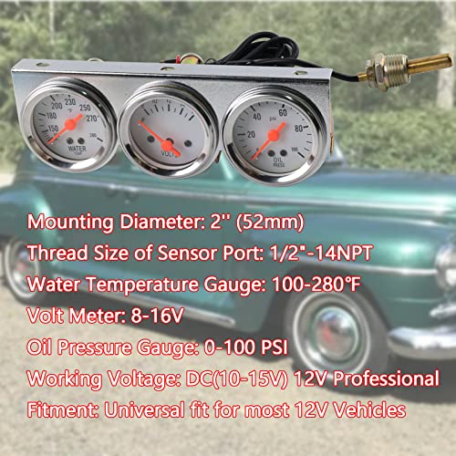 Багаратан троен мерач на масло/волт/мерач на вода, 2 /52мм хром панел 3in1 мерач на автомобили притисок на маслото за масло од маслото