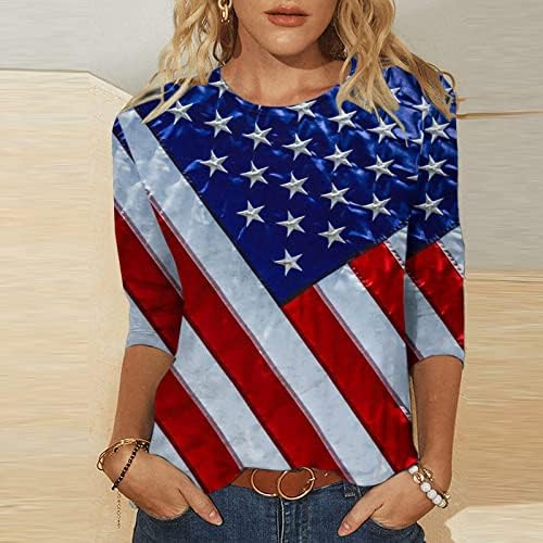 Гроздобер 4-ти јули врвови за жени Обичен патриотски ден на патриотска независност 3/4 ракав маица лето САД блузи со знамето