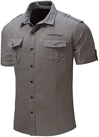 Машка тактичка карго кошула Деним Работна кошула воена обична тенка фит копче за кратки ракави надолу од кошули со блузи врвови