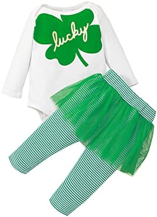 1 -ви Ден на Свети Патрик, облеката на новороденче новороденче, девојче со долг ракав, среќна детелина, ромпер -каросерија, зелени туту панталони