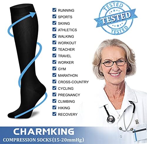 Charmking чорапи за компресија за жени и мажи 15-20 mmHg се најдобри за атлетика, трчање, патување со летање, поддршка