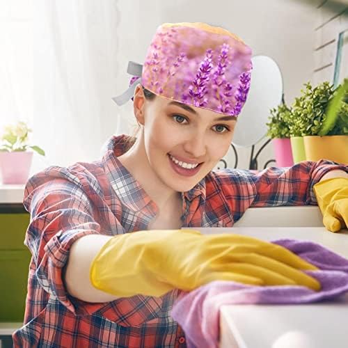 2 ПЦС медицинска сестра за чистење капаци жени долга коса, лаванда цветна фабрика прилагодлива работна капа со копче и џемпери