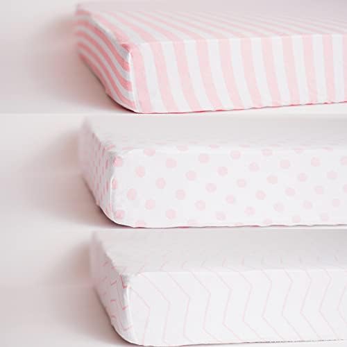 Nodnal Co. 3 опремени чаршафи за креветчиња розови сет за бебе девојче - ОЕКО -Текс памук за постелнина - розов/бел шеврон, полко -точка и лента - за стандарден душек за беб?