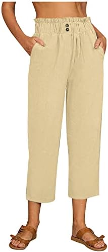 Palazzенски широки нозе палацо панталони со високи половини, лабава постелнина капри панталони со џебови