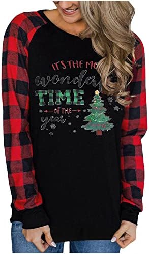 Women'sенски Бафало карирал со долги ракави, екипаж за џемпери Дами смешна симпатична Божиќна кошула Нреј година, годишен одмор Туника Врво